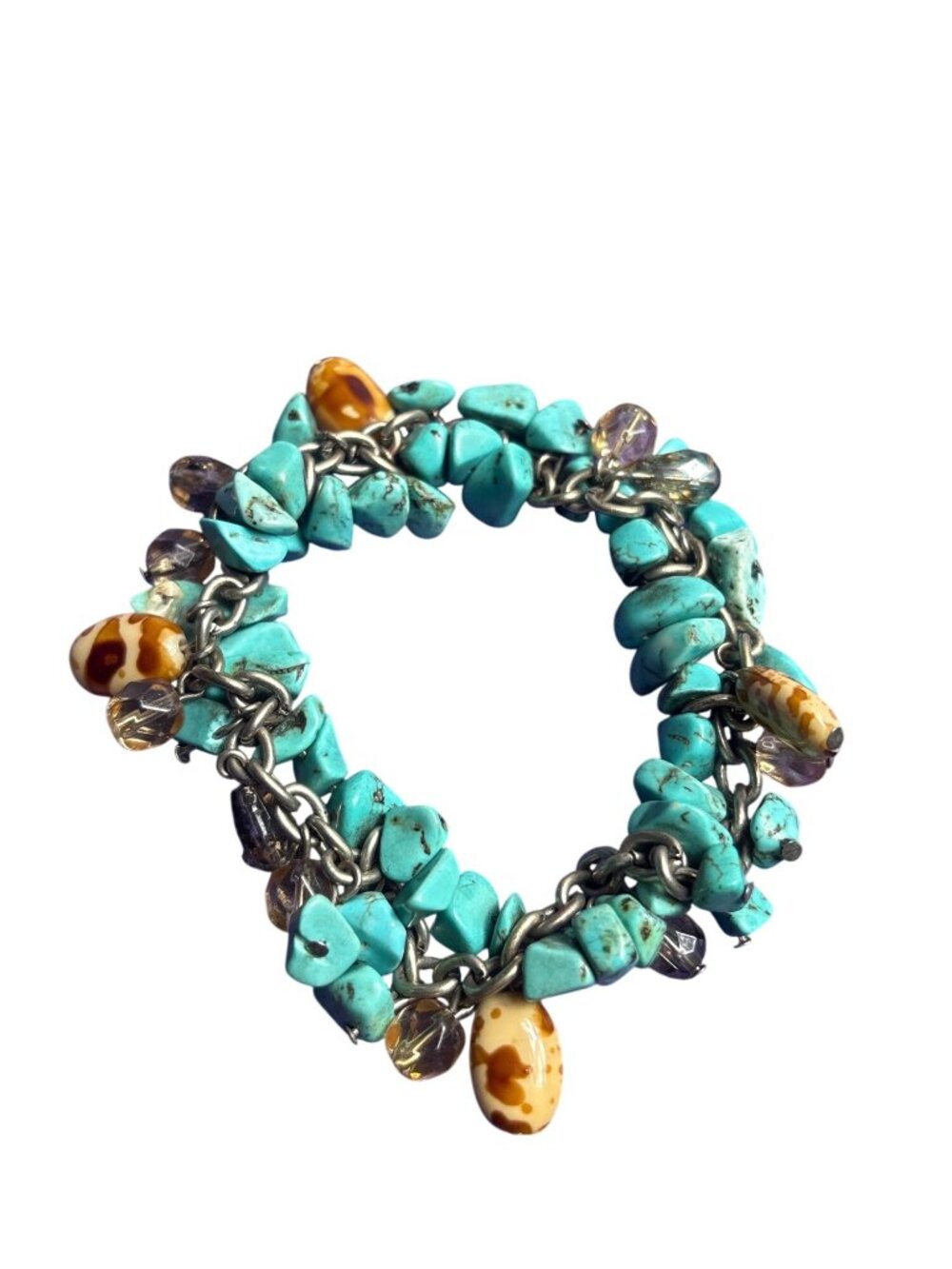 Dyed Howlite Faux Turquoise Glass Beaded Stretchy Bracelet Silvertone Chain